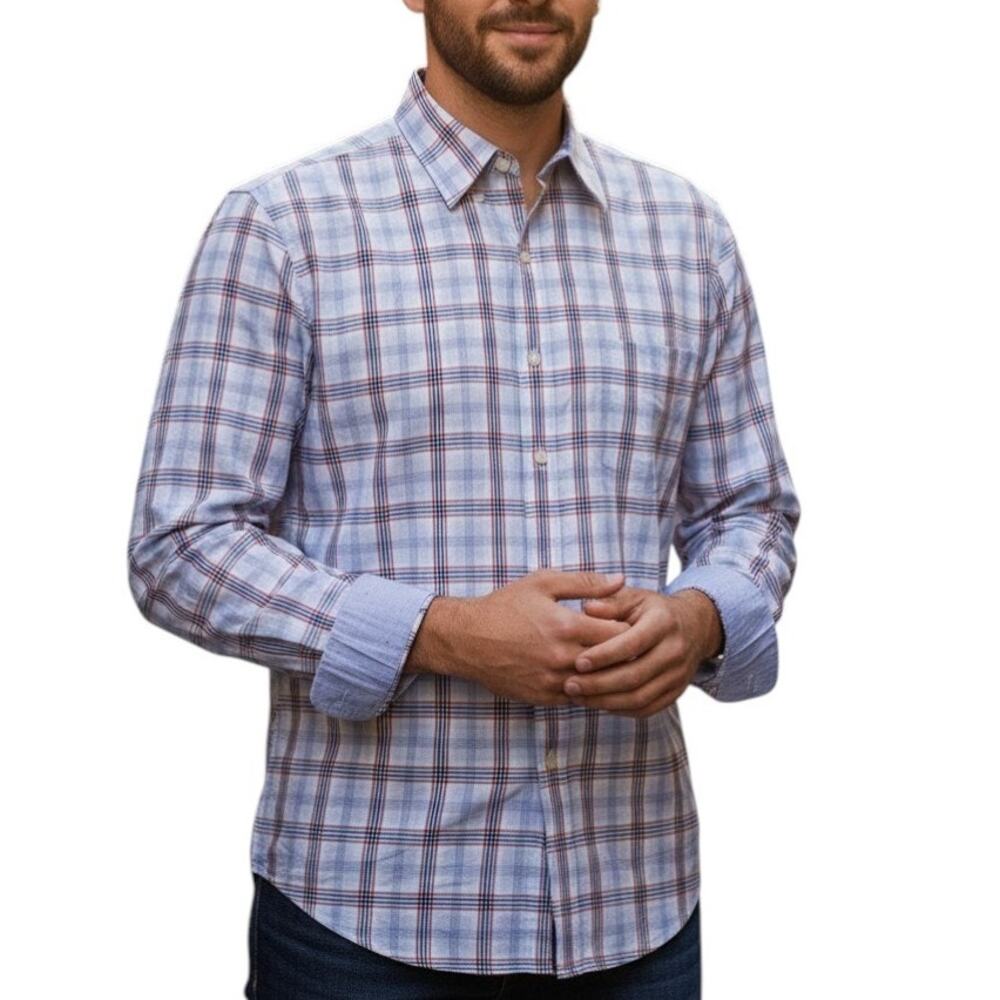 J. McLaughlin Contrast Collar Flip Cuff Shirt Men XL Blue Red Plaid Check